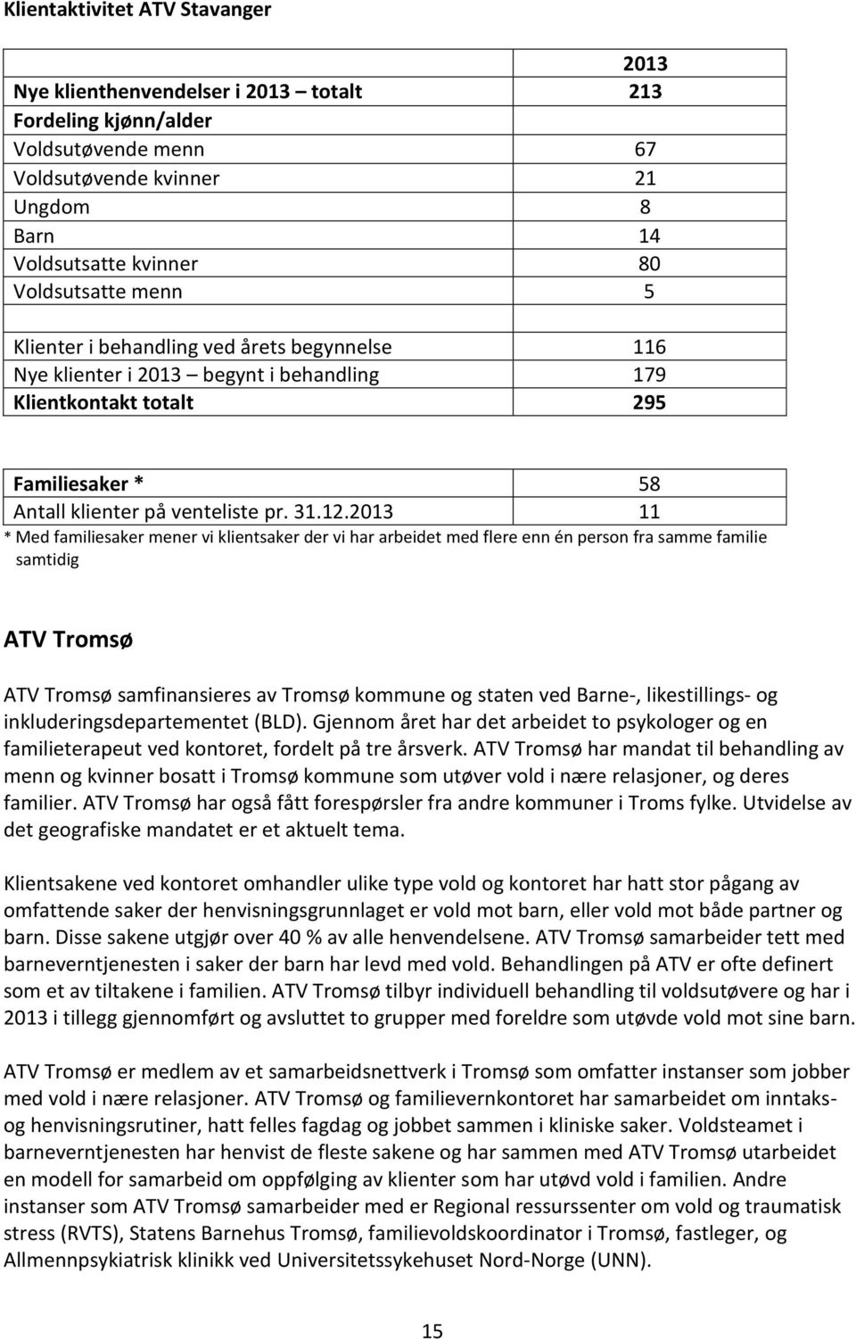 2013 11 * Med familiesaker mener vi klientsaker der vi har arbeidet med flere enn én person fra samme familie samtidig ATV Tromsø ATV Tromsø samfinansieres av Tromsø kommune og staten ved Barne-,