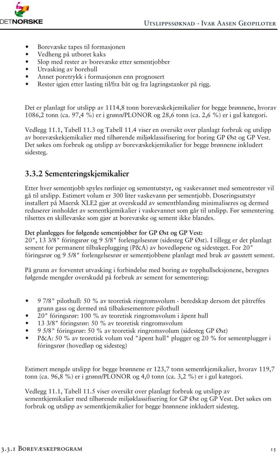 2,6 %) er i gul kategori. Vedlegg 11.1, Tabell 11.3 og Tabell 11.