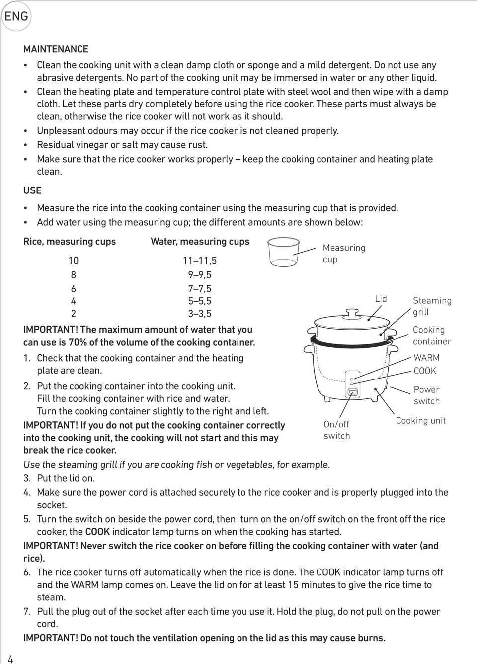 Let these parts dry completely before using the rice cooker. These parts must always be clean, otherwise the rice cooker will not work as it should.