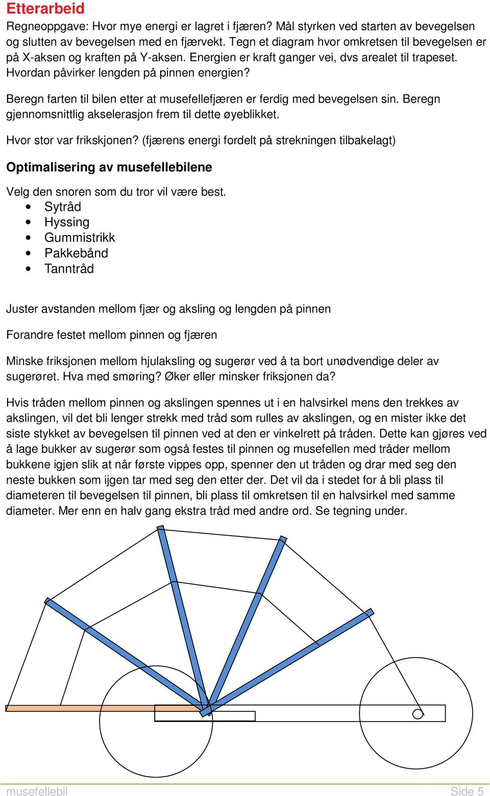 Beregn farten til bilen etter at musefellefjæren er ferdig med bevegelsen sin. Beregn gjennomsnittlig akselerasjon frem til dette øyeblikket. Hvor stor var frikskjonen?