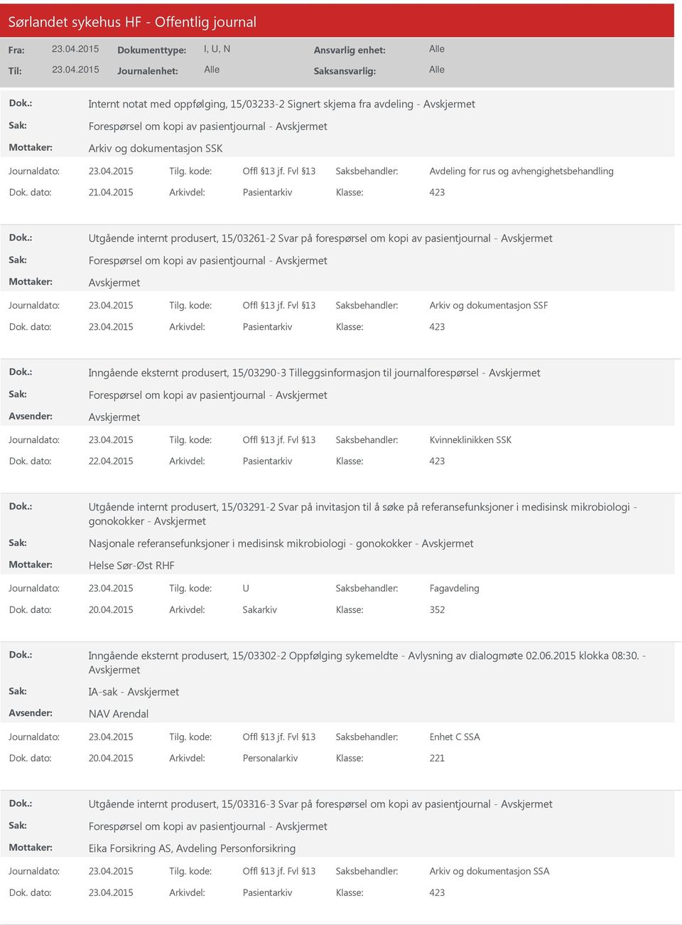 dato: Arkivdel: Pasientarkiv Inngående eksternt produsert, 15/03290-3 Tilleggsinformasjon til journalforespørsel - Forespørsel om kopi av pasientjournal - Kvinneklinikken SSK Dok. dato: 22.04.