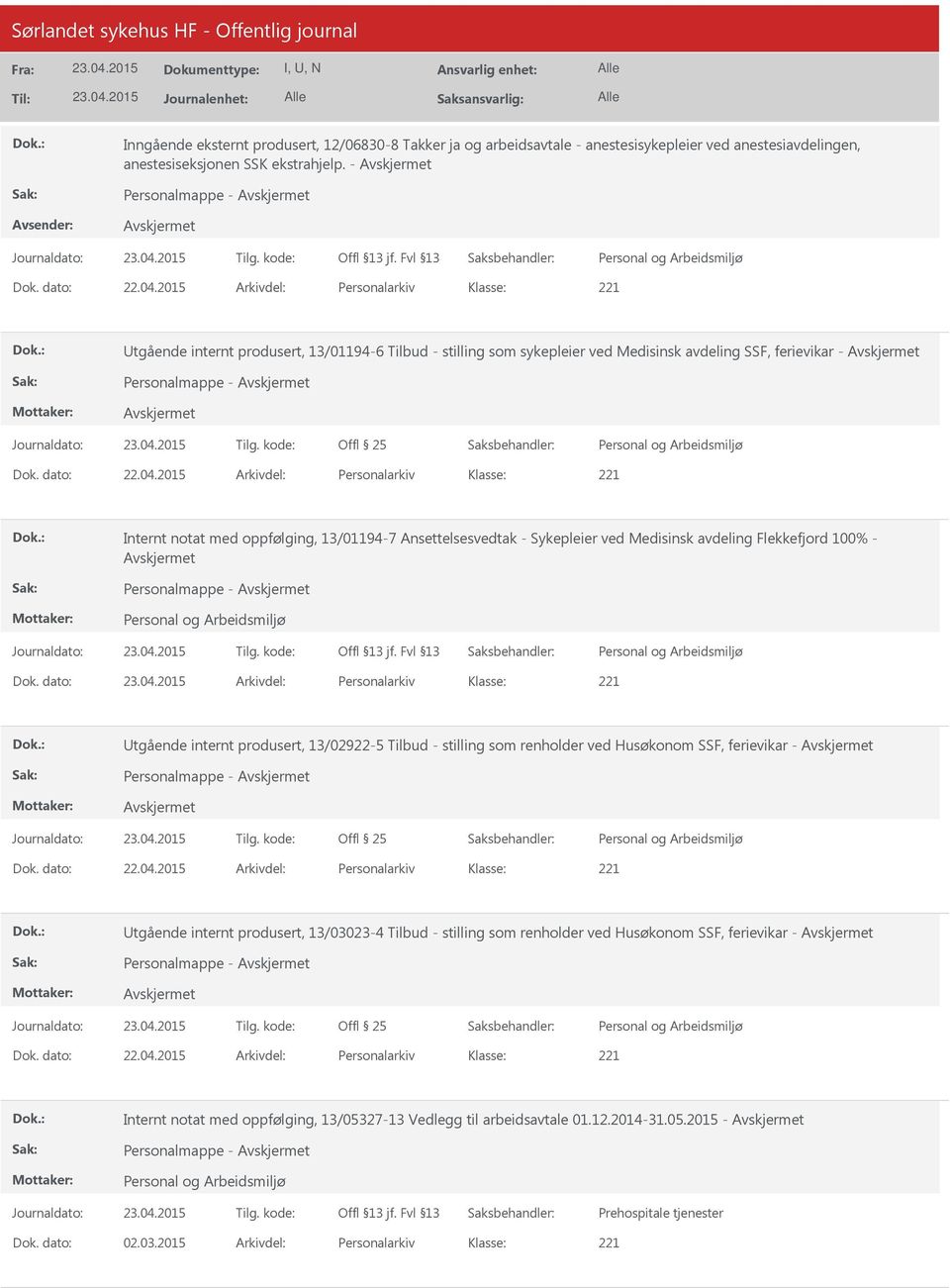 2015 Arkivdel: Personalarkiv Internt notat med oppfølging, 13/01194-7 Ansettelsesvedtak - Sykepleier ved Medisinsk avdeling Flekkefjord 100% - Personalmappe - Dok.