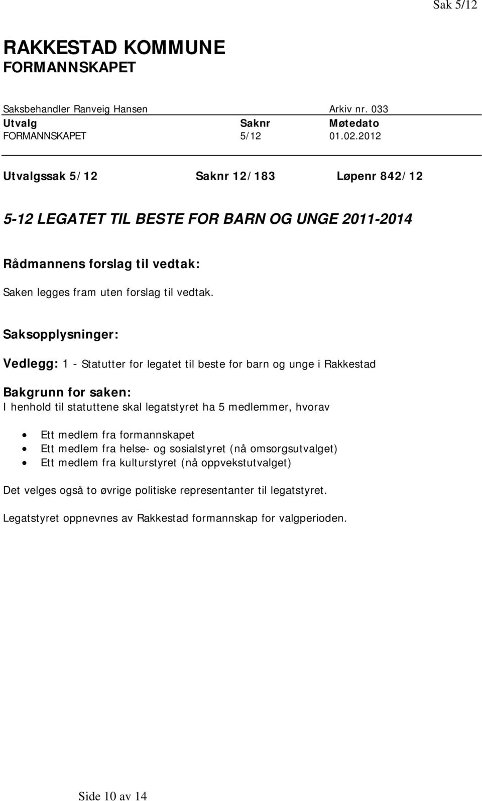 Saksopplysninger: Vedlegg: 1 - Statutter for legatet til beste for barn og unge i Rakkestad Bakgrunn for saken: I henhold til statuttene skal legatstyret ha 5 medlemmer, hvorav Ett medlem