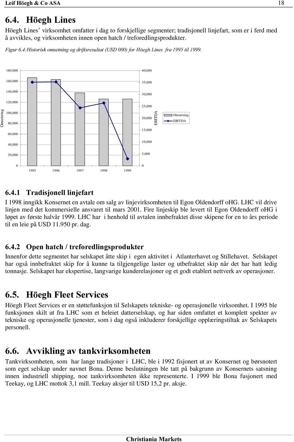 EBITDA Omsetning EBITDA 0 1995 1996 1997 1998 1999 0 7UDGLVMRQHOOOLQMHIDUW I 1998 inngikk Konsernet en avtale om salg av linjevirksomheten til Egon Oldendorff ohg.