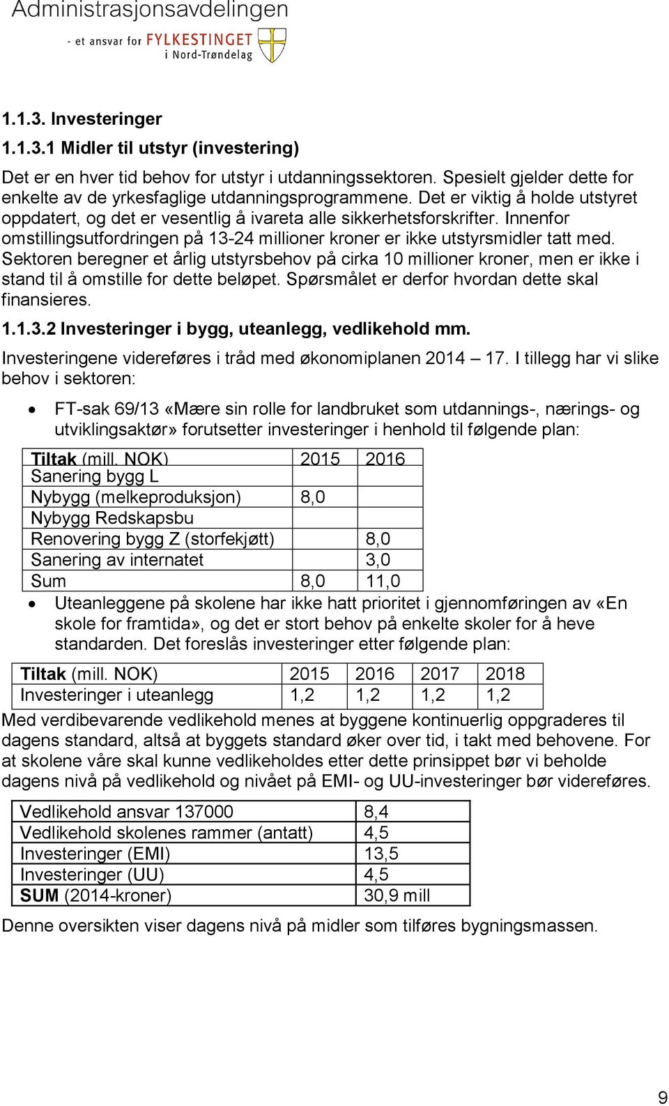 Sektoren beregner et årlig utstyrsbehov på cirka 10 millioner kroner, men er ikke i stand til å omstille for dette beløpet. Spørsmålet er derfor hvordan dette skal finansieres. 1.1.3.