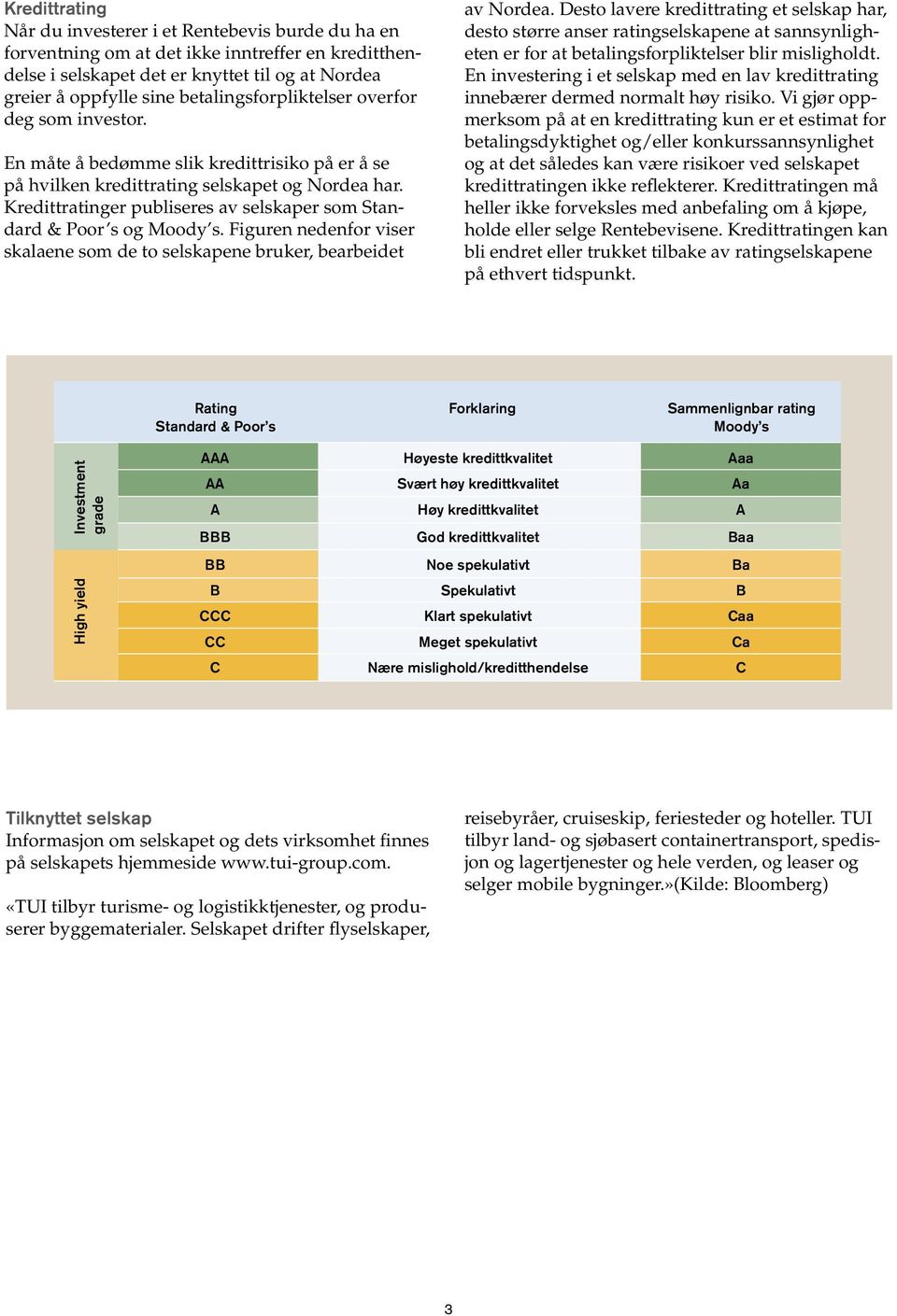 Kredittratinger publiseres av selskaper som Standard & Poor s og Moody s. Figuren nedenfor viser skalaene som de to selskapene bruker, bearbeidet av Nordea.