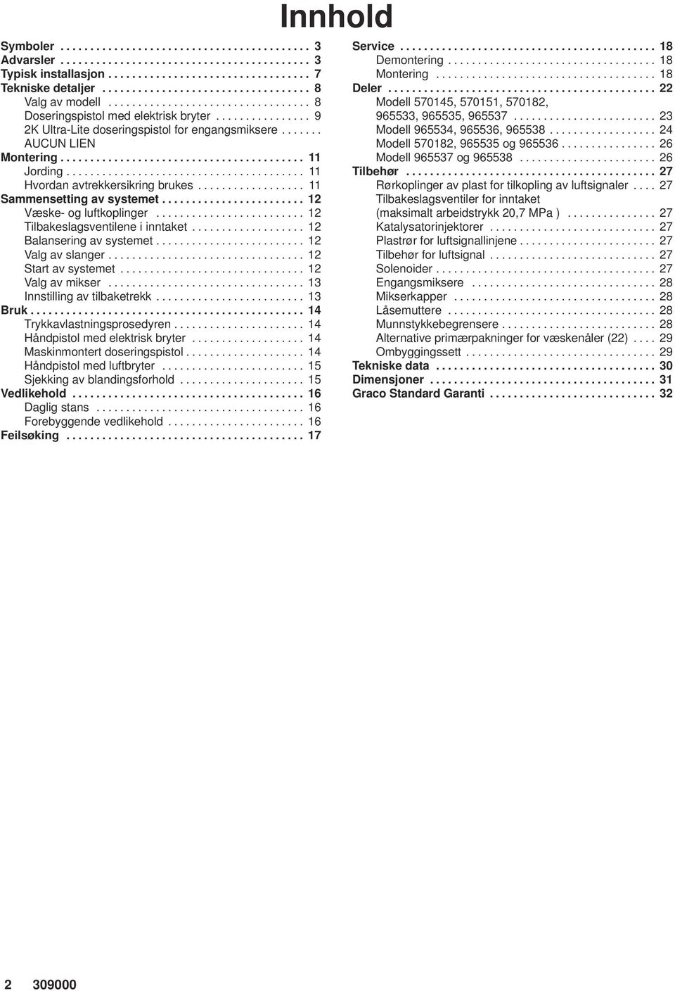 ............................................ 22 Valg av modell.................................. 8 Modell 570145, 570151, 570182, Doseringspistol med elektrisk bryter................ 9 965533, 965535, 965537.