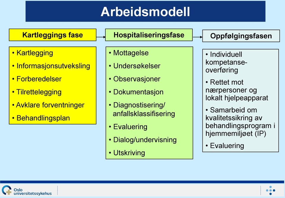 Diagnostisering/ anfallsklassifisering Evaluering Dialog/undervisning Utskriving Oppfølgingsfasen Individuell