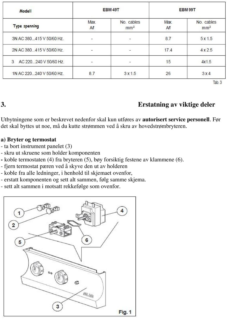 a) Bryter og termostat - ta bort instrument panelet (3) - skru ut skruene som holder komponenten - koble termostaten (4) fra bryteren (5), bøy