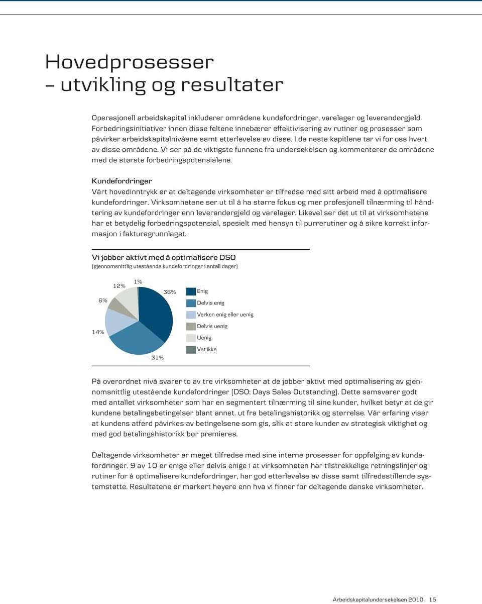 I de neste kapitlene tar vi for oss hvert av disse områdene. Vi ser på de viktigste funnene fra undersøkelsen og kommenterer de områdene med de største forbedringspotensialene.