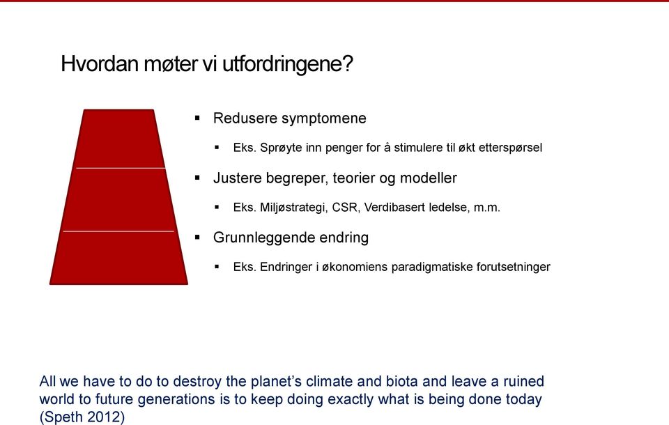 Miljøstrategi, CSR, Verdibasert ledelse, m.m. Grunnleggende endring Eks.