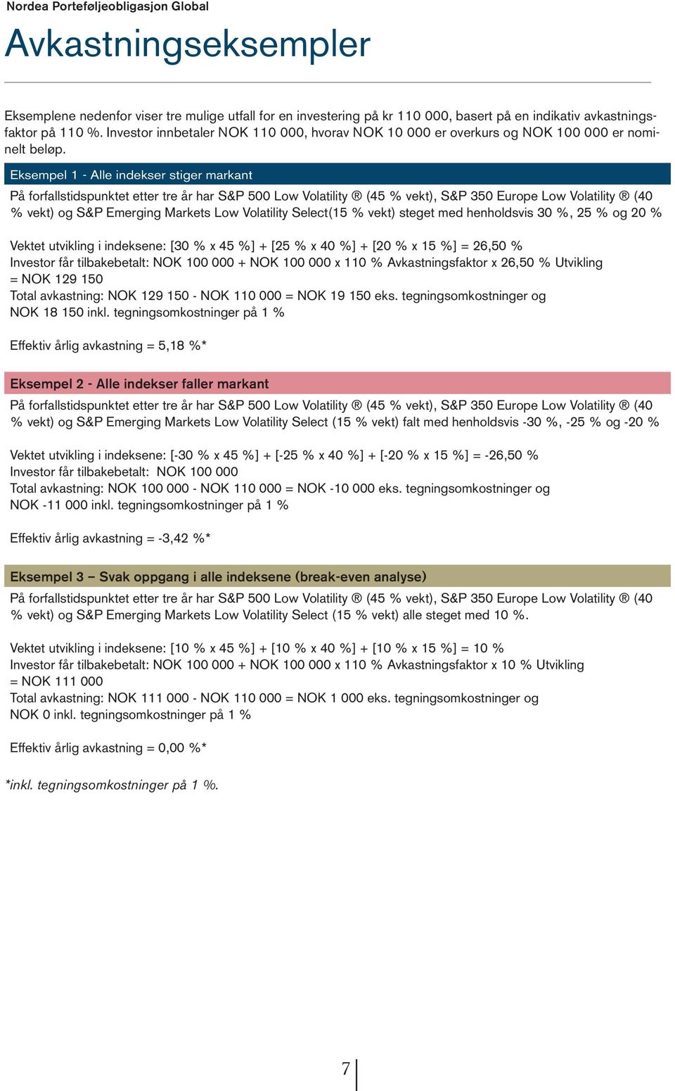 Eksempel 1 - Alle indekser stiger markant På forfallstidspunktet etter tre år har S&P 500 Low Volatility (45 % vekt), S&P 350 Europe Low Volatility (40 % vekt) og S&P Emerging Markets Low Volatility