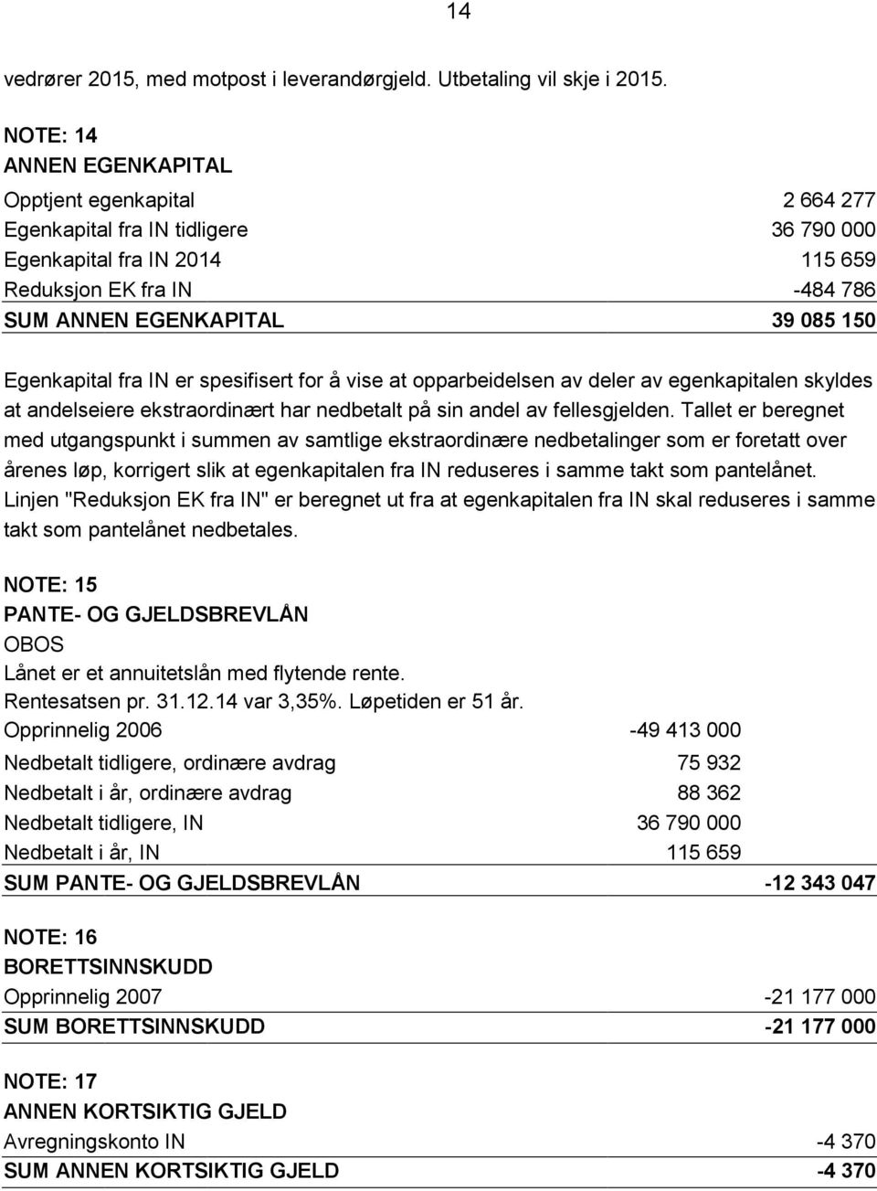 Egenkapital fra IN er spesifisert for å vise at opparbeidelsen av deler av egenkapitalen skyldes at andelseiere ekstraordinært har nedbetalt på sin andel av fellesgjelden.