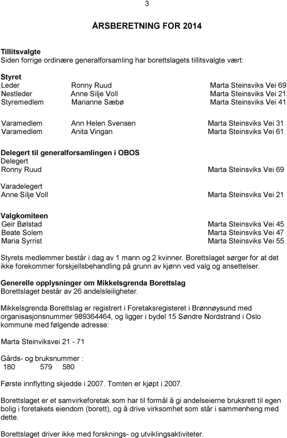 generalforsamlingen i OBOS Delegert Ronny Ruud Marta Steinsviks Vei 69 Varadelegert Anne Silje Voll Marta Steinsviks Vei 21 Valgkomiteen Geir Bølstad Marta Steinsviks Vei 45 Beate Solem Marta