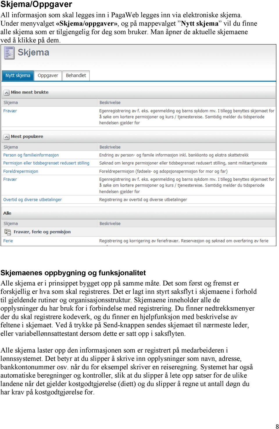 Skjemaenes oppbygning og funksjonalitet Alle skjema er i prinsippet bygget opp på samme måte. Det som først og fremst er forskjellig er hva som skal registreres.