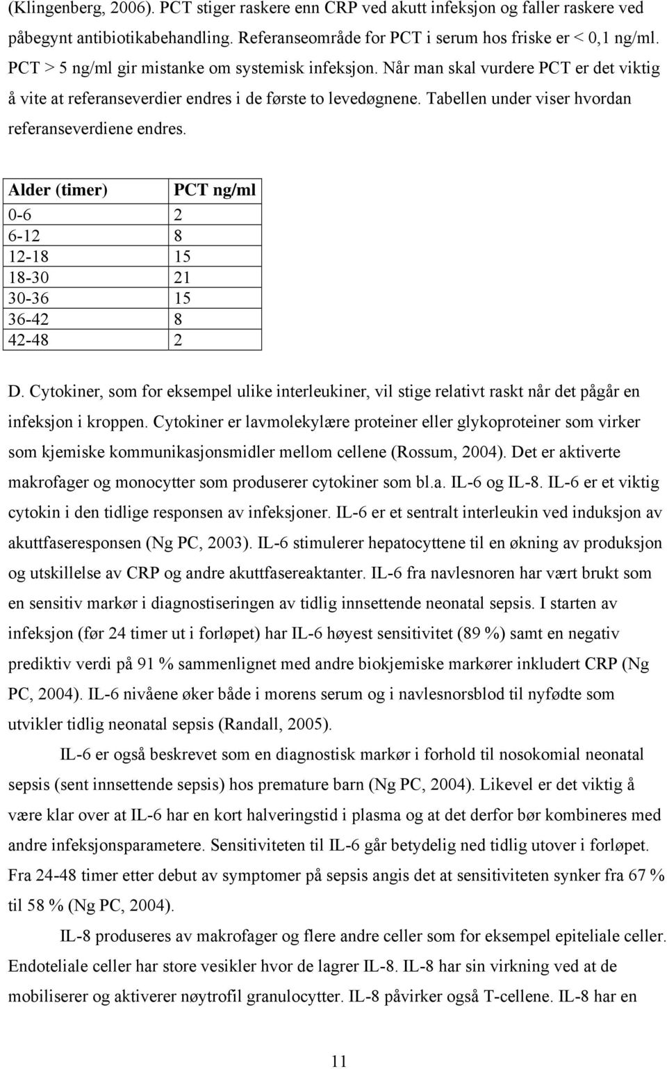 Tabellen under viser hvordan referanseverdiene endres. Alder (timer) PCT ng/ml 0-6 2 6-12 8 12-18 15 18-30 21 30-36 15 36-42 8 42-48 2 D.