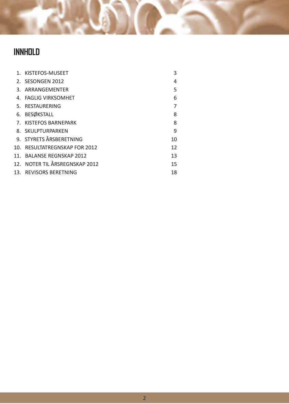 SKULPTURPARKEN 9 9. STYRETS ÅRSBERETNING 10 10. RESULTATREGNSKAP FOR 2012 12 11.