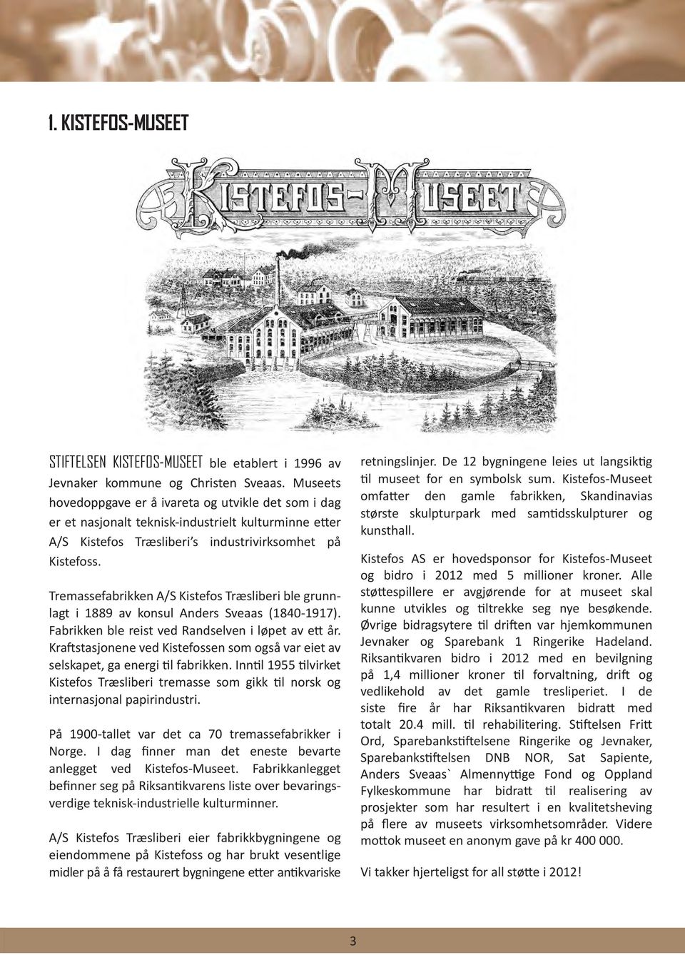 Tremassefabrikken A/S Kistefos Træsliberi ble grunnlagt i 1889 av konsul Anders Sveaas (1840-1917). Fabrikken ble reist ved Randselven i løpet av ett år.