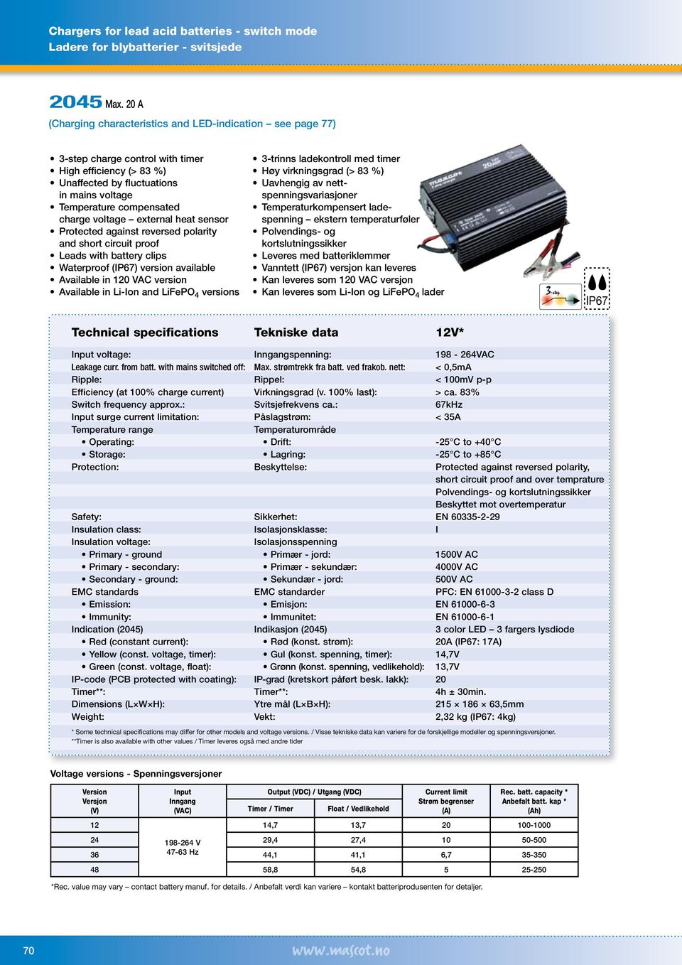 voltage external heat sensor Protected against reversed polarity and short circuit proof Leads with battery clips Waterproof (IP67) version available Available in 120 VAC version Available in Li-Ion