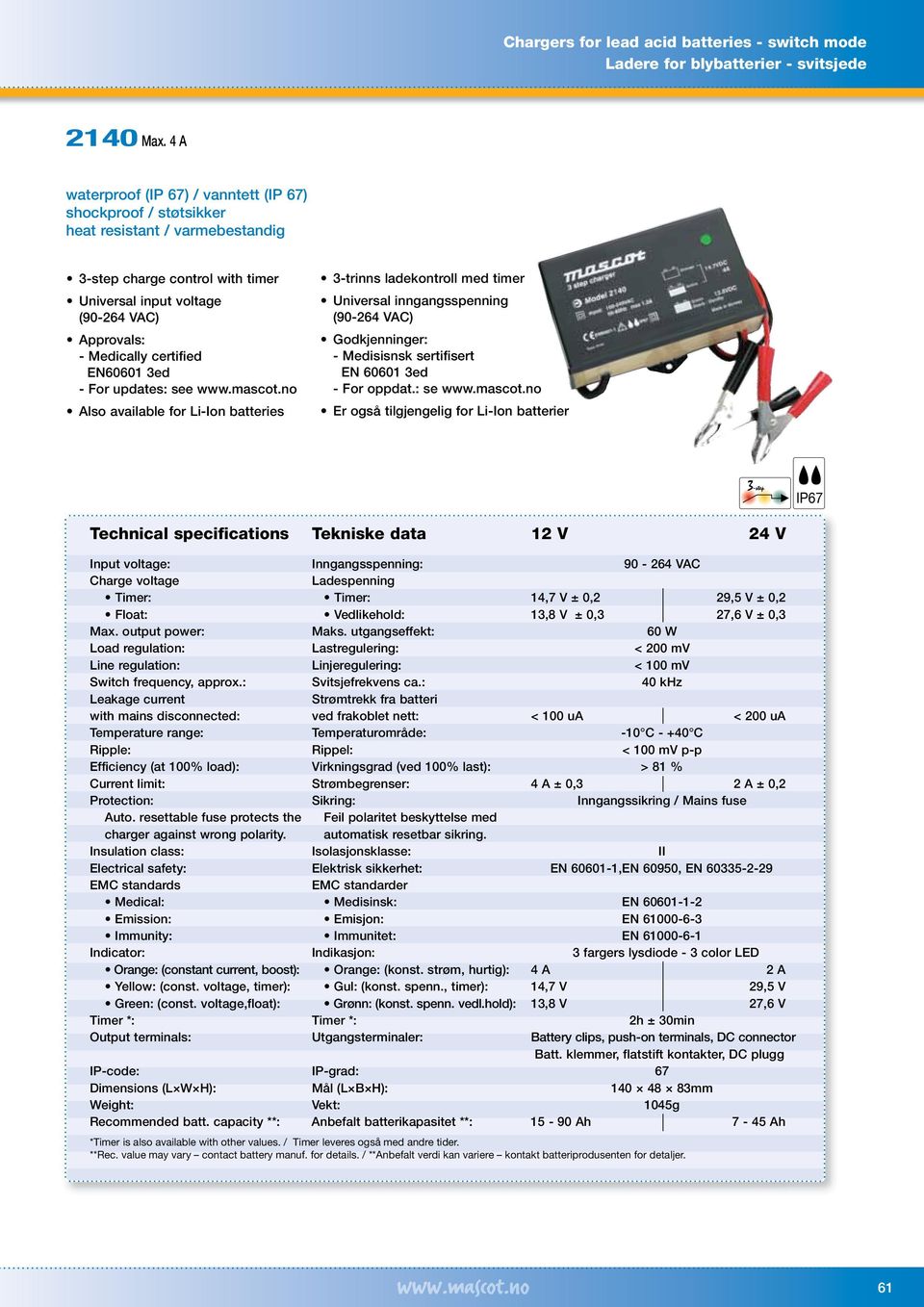 3ed - For updates: see www.mascot.no Also available for Li-Ion batteries 3-trinns ladekontroll med timer Universal inngangsspenning (90-264 VAC) - Medisisnsk sertifisert EN 60601 3ed - For oppdat.