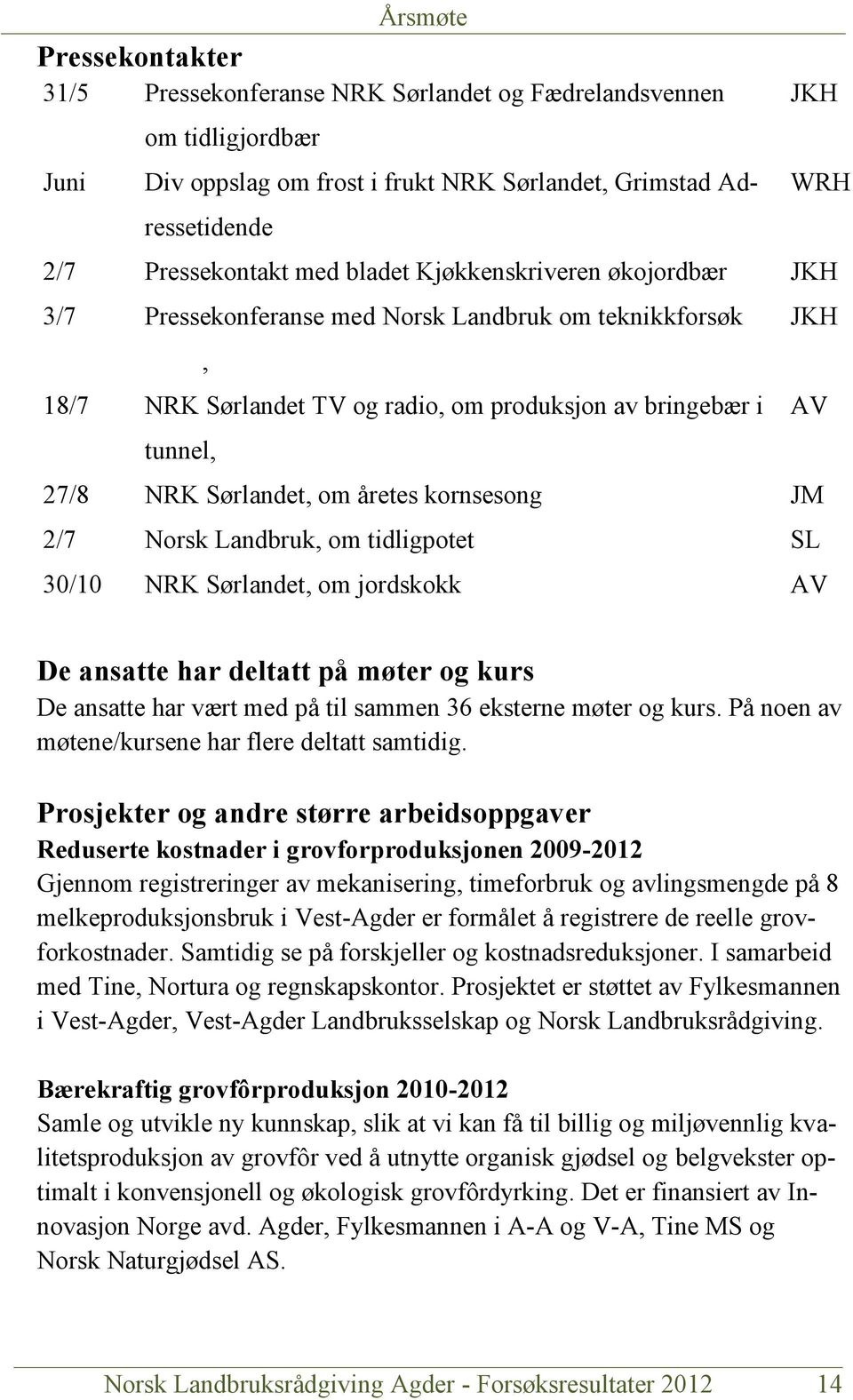 åretes kornsesong JM 2/7 Norsk Landbruk, om tidligpotet SL 30/10 NRK Sørlandet, om jordskokk AV De ansatte har deltatt på møter og kurs De ansatte har vært med på til sammen 36 eksterne møter og kurs.