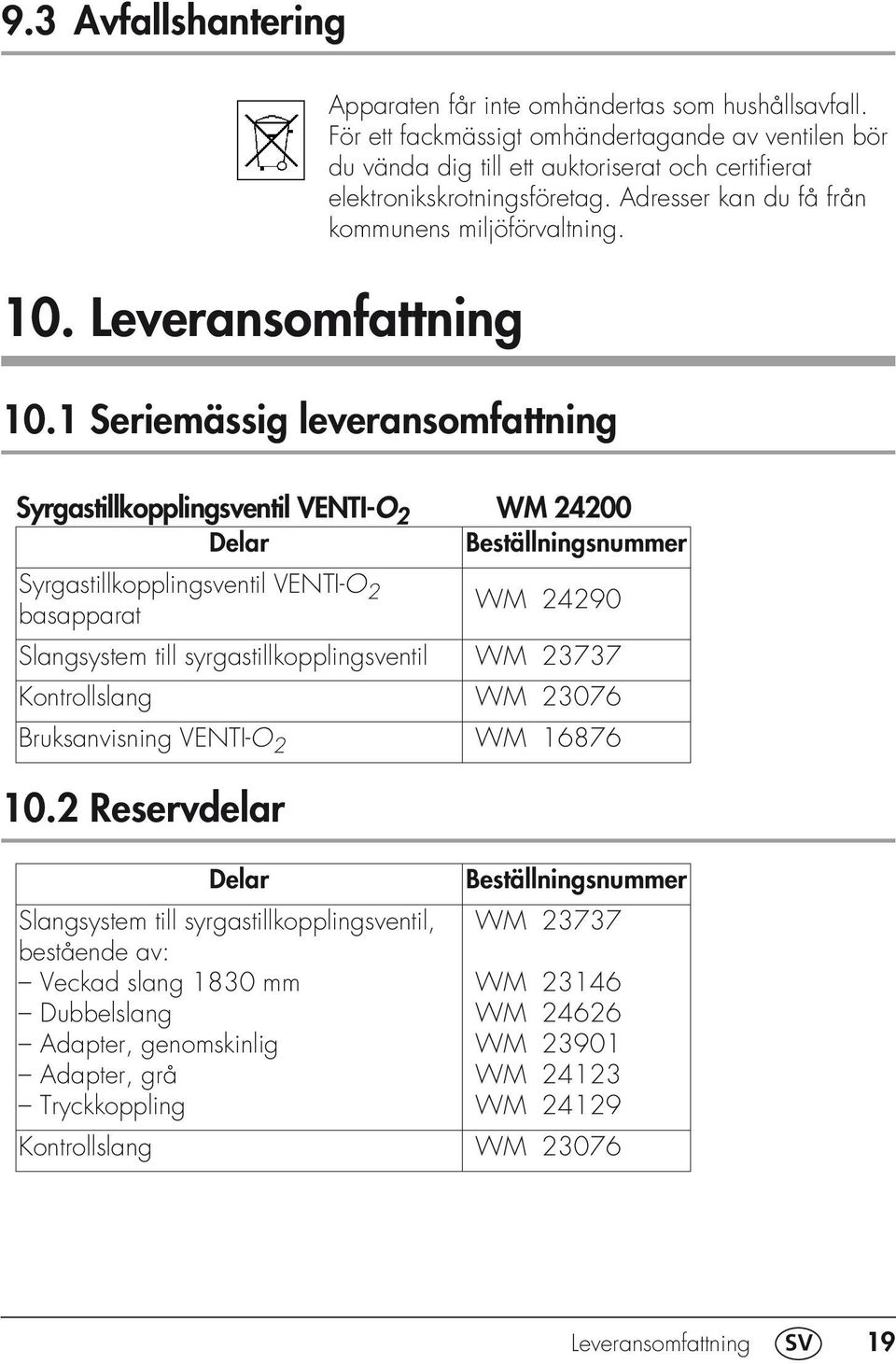 1 Seriemässig leveransomfattning Syrgastillkopplingsventil VENTI-O 2 WM 24200 Delar Beställningsnummer Syrgastillkopplingsventil VENTI-O 2 basapparat 10.