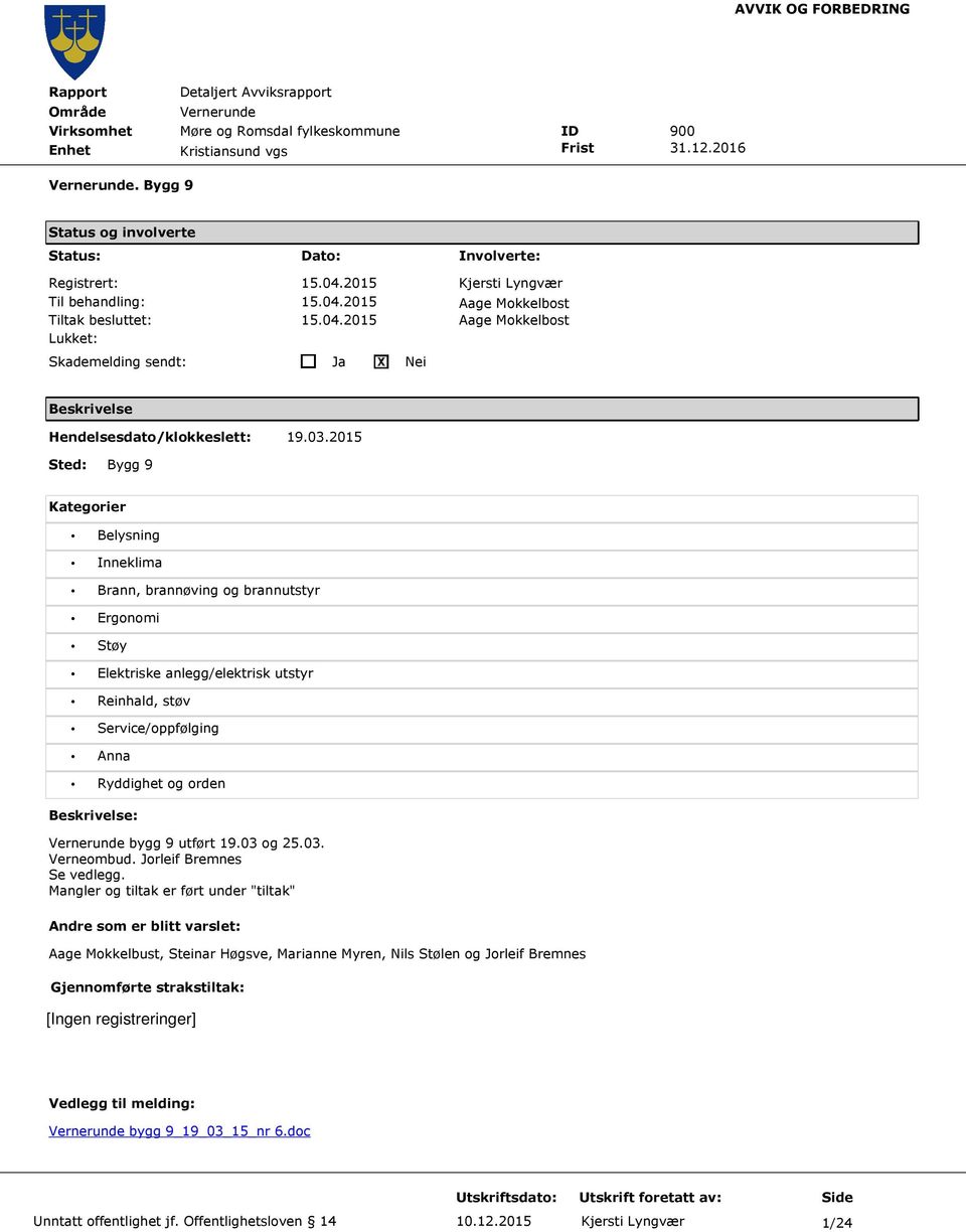 Beskrivelse: bygg 9 utført 19.03 og 25.03. Verneombud. Jorleif Bremnes Se vedlegg.