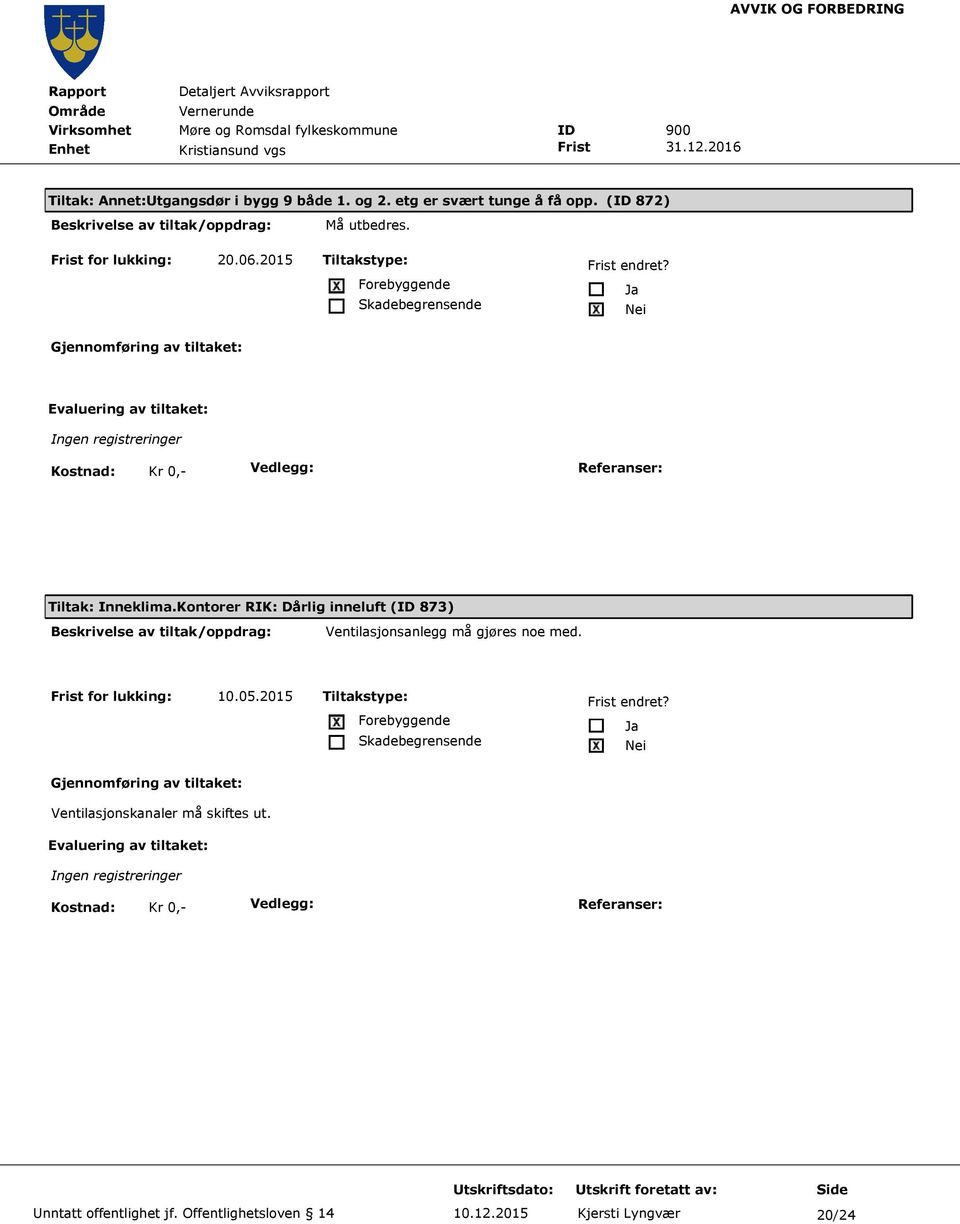 Kontorer RIK: Dårlig inneluft (ID 873) Ventilasjonsanlegg må gjøres noe med. Frist for lukking: 10.