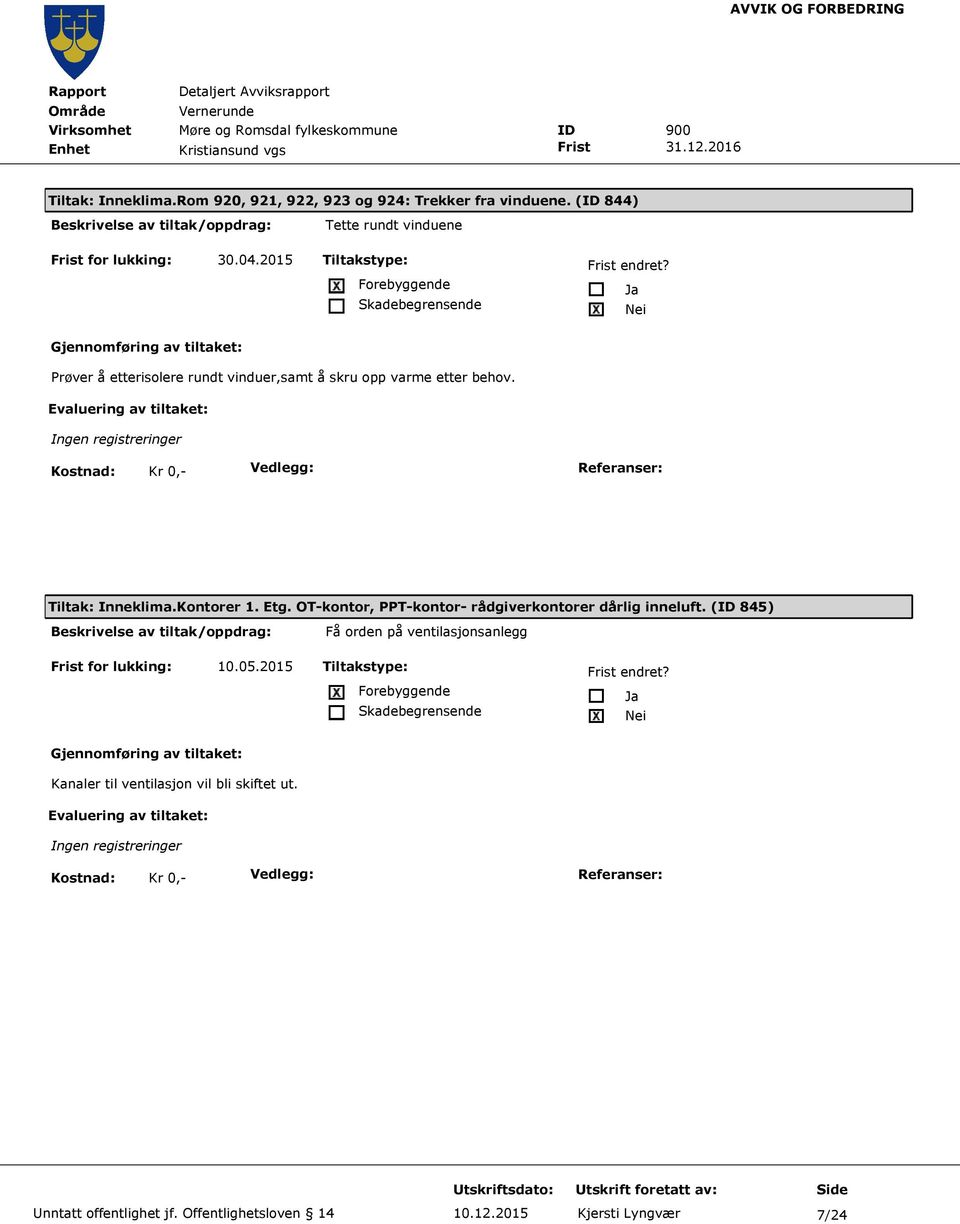 Tiltak: Inneklima.Kontorer 1. Etg. OT-kontor, PPT-kontor- rådgiverkontorer dårlig inneluft.