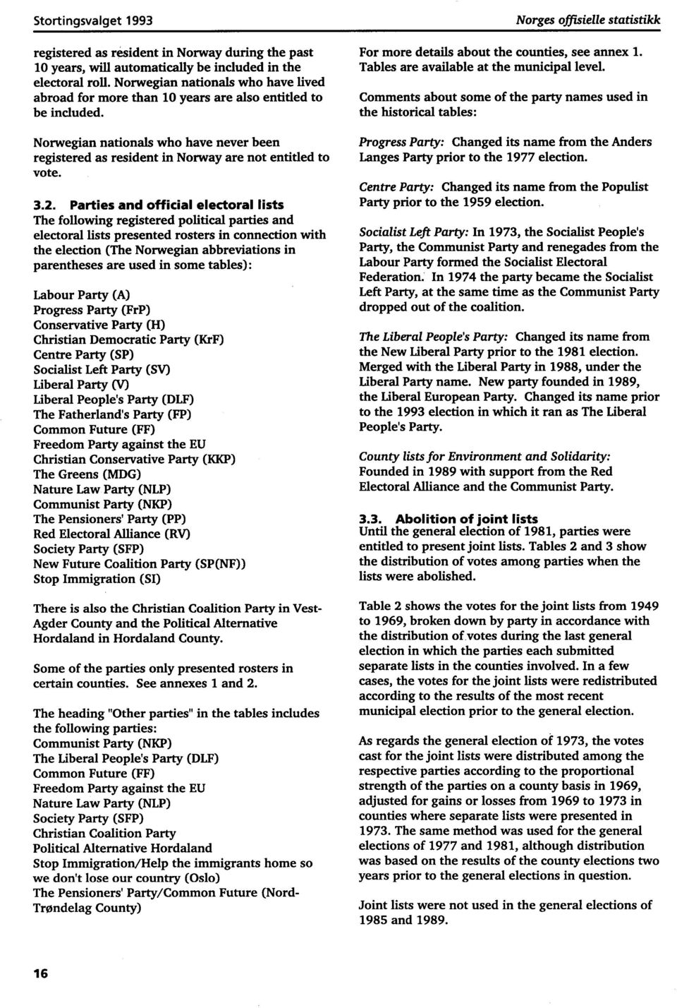 2. Parties and official electoral lists The following registered political parties and electoral lists presented rosters in connection with the election (The Norwegian abbreviations in parentheses