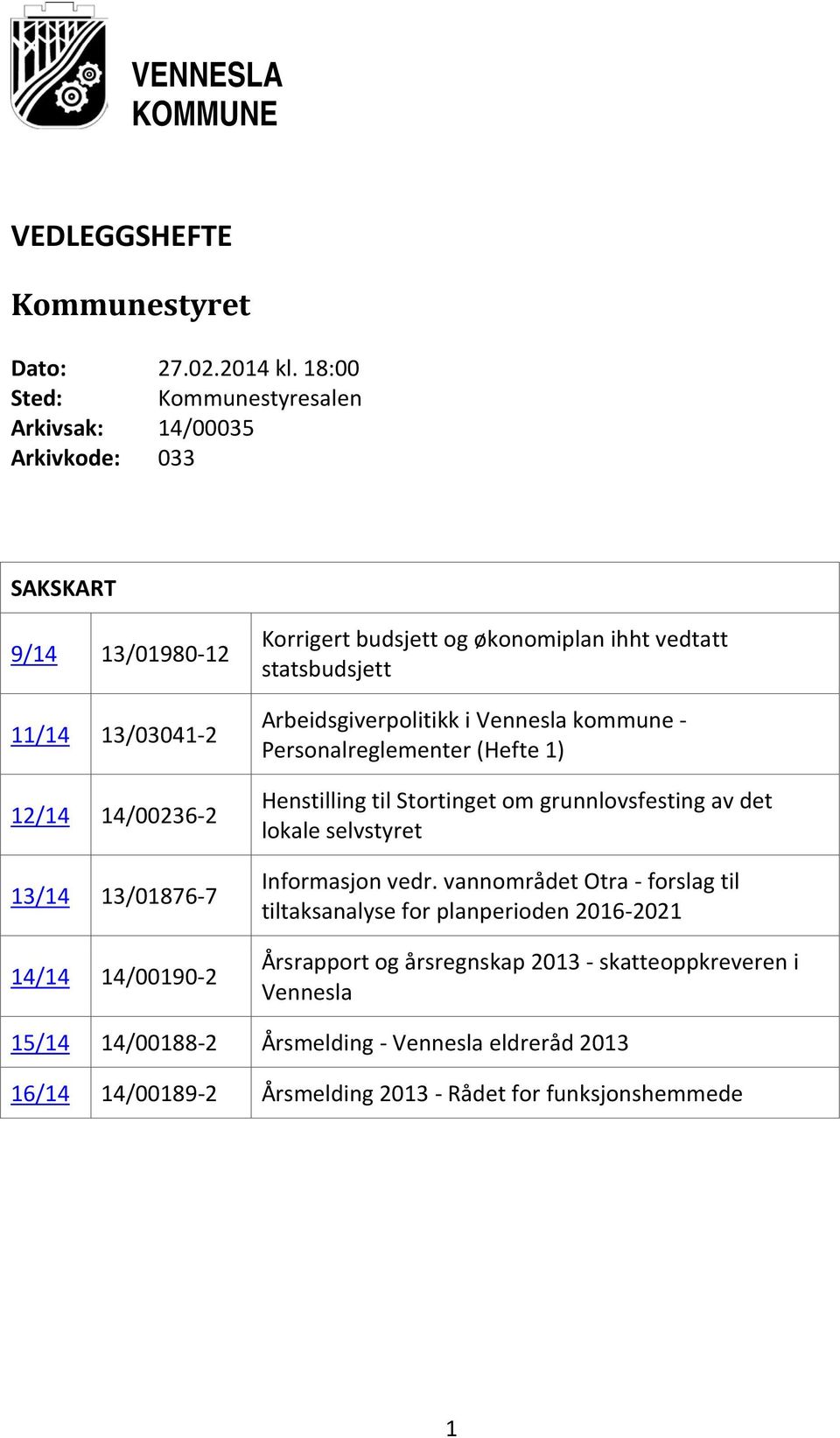 budsjett og økonomiplan ihht vedtatt statsbudsjett Arbeidsgiverpolitikk i Vennesla kommune - Personalreglementer (Hefte 1) Henstilling til Stortinget om grunnlovsfesting av