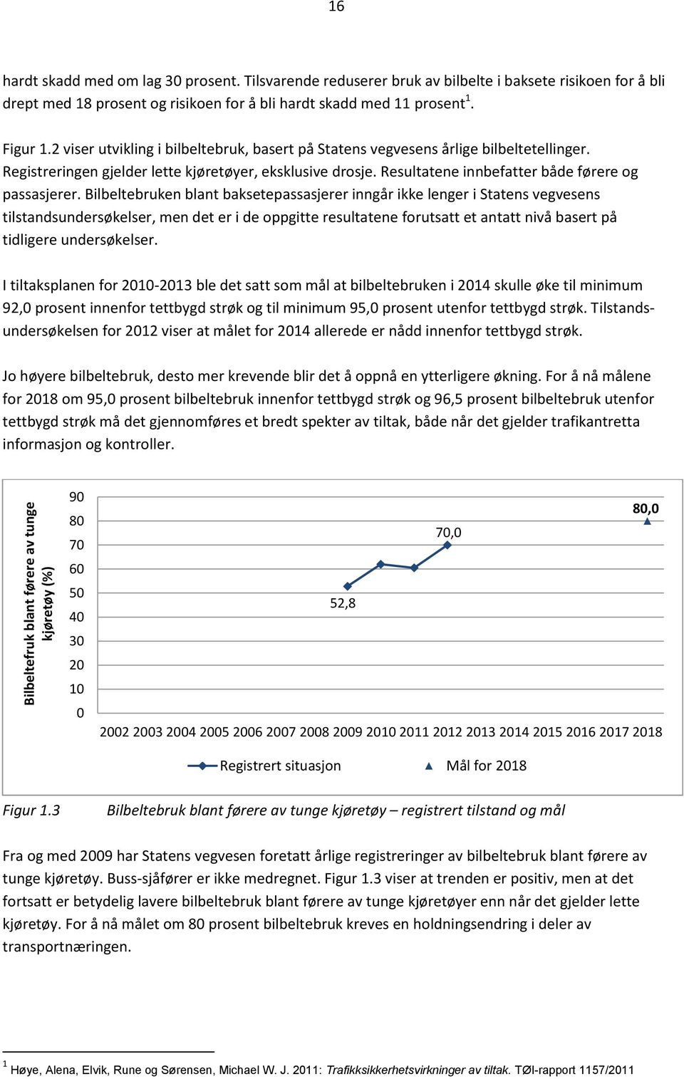 2 viser utvikling i bilbeltebruk, basert på Statens vegvesens årlige bilbeltetellinger. Registreringen gjelder lette kjøretøyer, eksklusive drosje. Resultatene innbefatter både førere og passasjerer.