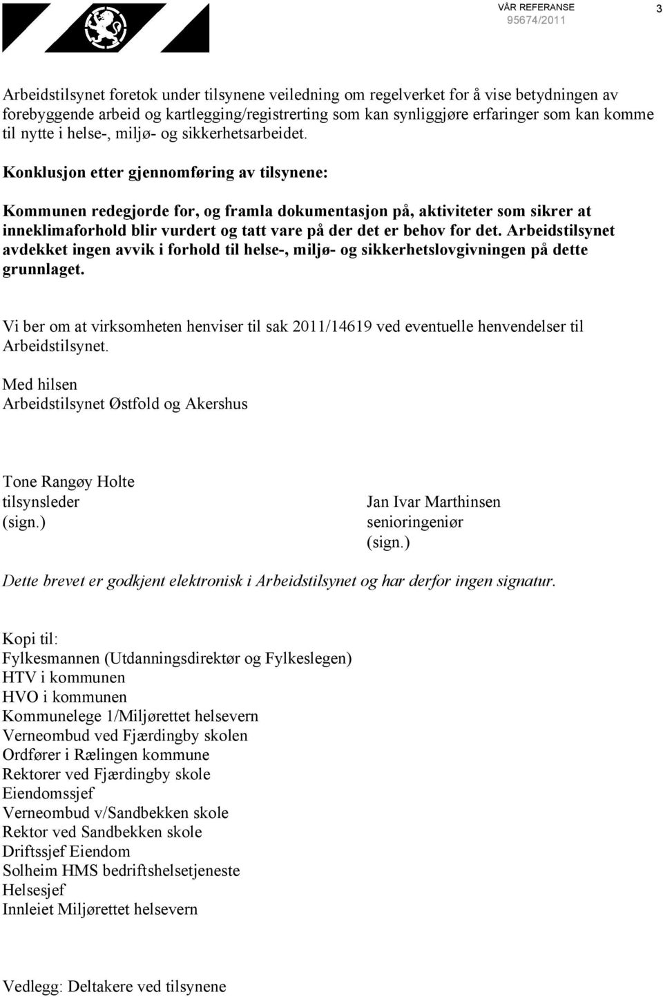 Konklusjon etter gjennomføring av tilsynene: Kommunen redegjorde for, og framla dokumentasjon på, aktiviteter som sikrer at inneklimaforhold blir vurdert og tatt vare på der det er behov for det.