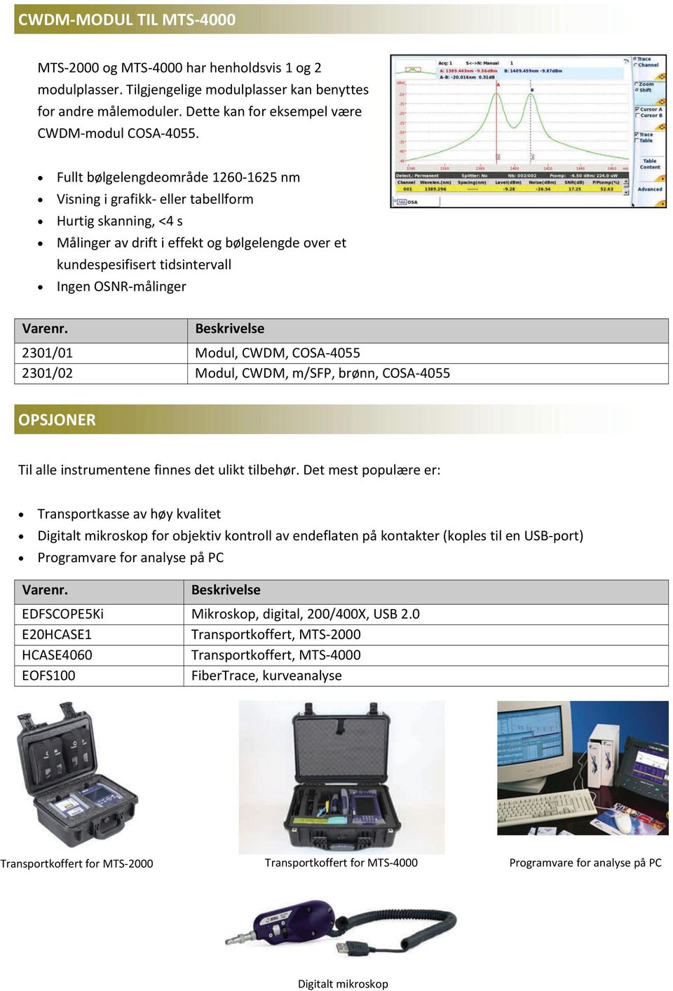 2301/01 Modul, CWDM, COSA 4055 2301/02 Modul, CWDM, m/sfp, brønn, COSA 4055 OPSJONER Til alle instrumentene finnes det ulikt tilbehør.