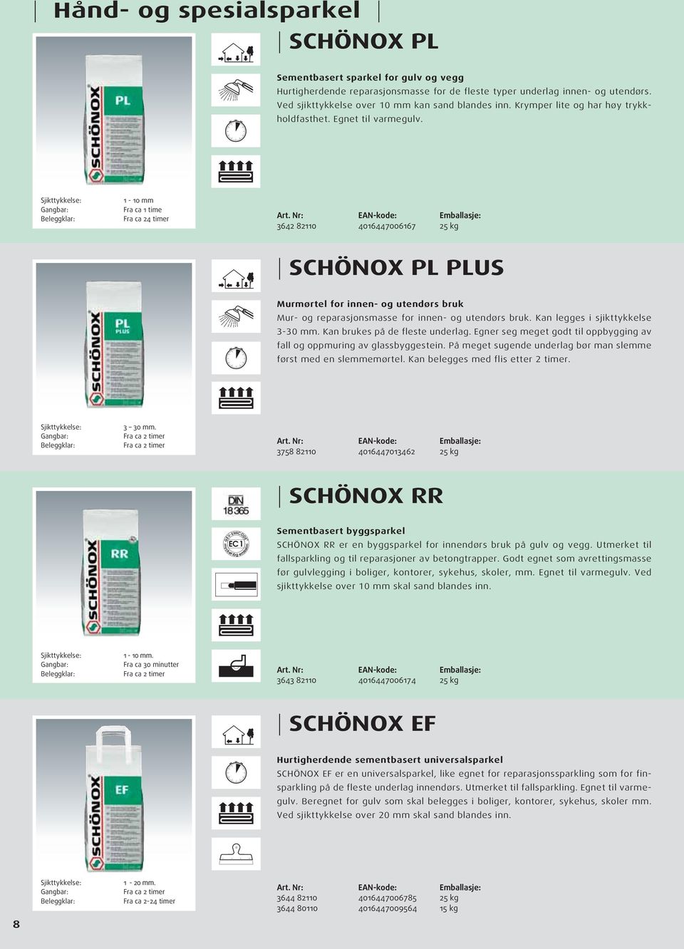 1-10 mm Fra ca 1 time Fra ca 24 timer 3642 82110 4016447006167 25 kg SCHÖNOX PL PLUS Murmørtel for innen- og utendørs bruk Mur- og reparasjonsmasse for innen- og utendørs bruk.