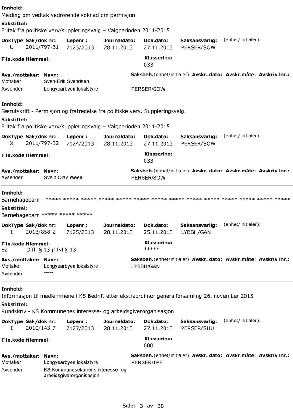 Fritak fra politiske verv/suppleringsvalg Valgperioden 2011-2015 2011/797-32 7124/2013 27.11.2013 PERSER/SOW 033 Avs./mottaker: Navn: Saksbeh. Avskr. dato: Avskr.måte: Avskriv lnr.