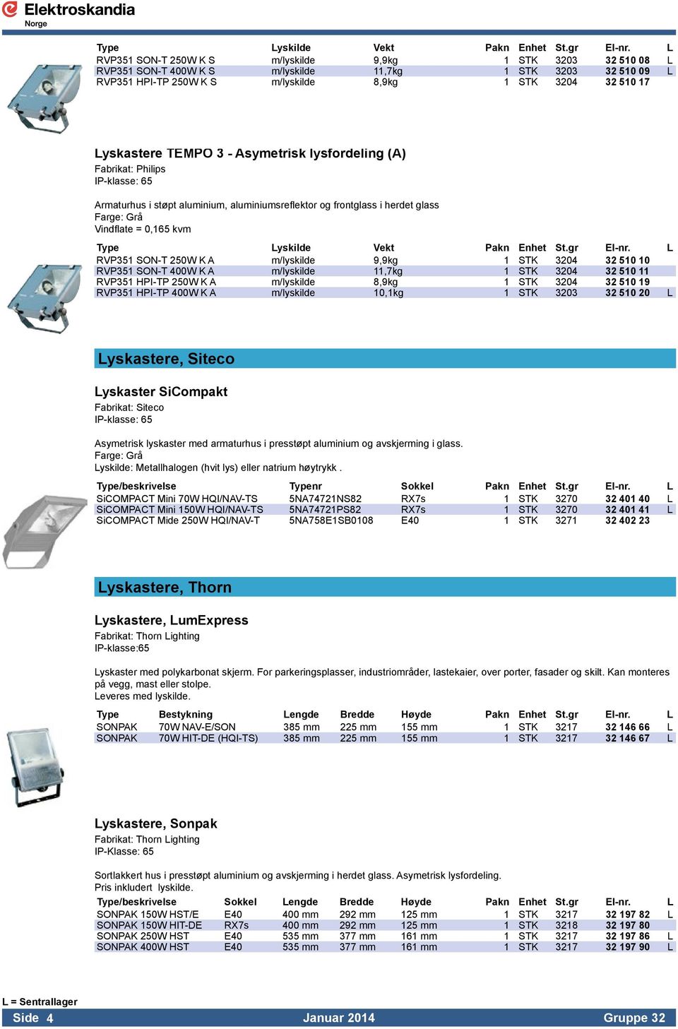 TEMPO 3 - Asymetrisk lysfordeling (A) Fabrikat: Philips IP-klasse: 65 Armaturhus i støpt aluminium, aluminiumsreflektor og frontglass i herdet glass Farge: Grå Vindflate = 0,165 kvm  L RVP351 SON-T