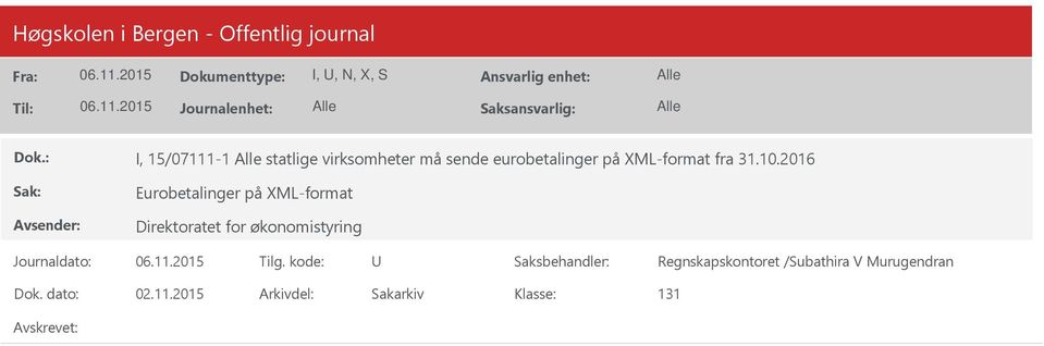 2016 Eurobetalinger på XML-format Direktoratet for