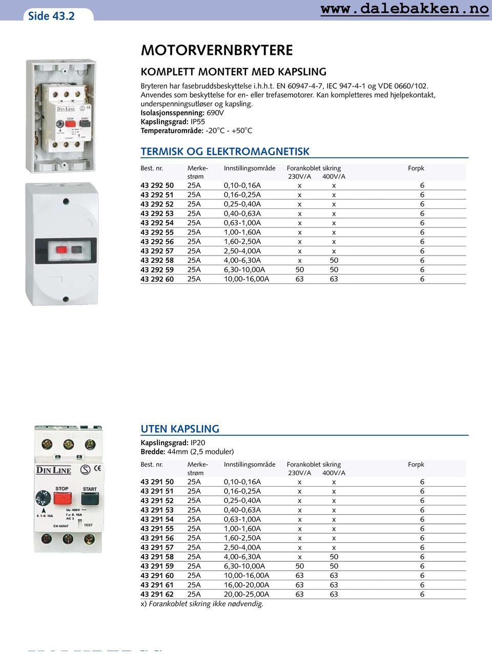 Merke- Innstillingsområde Forankoblet sikring Forpk strøm 230V/A 400V/A 43 292 50 25A 0,10-0,16A x x 6 43 292 51 25A 0,16-0,25A x x 6 43 292 52 25A 0,25-0,40A x x 6 43 292 53 25A 0,40-0,63A x x 6 43