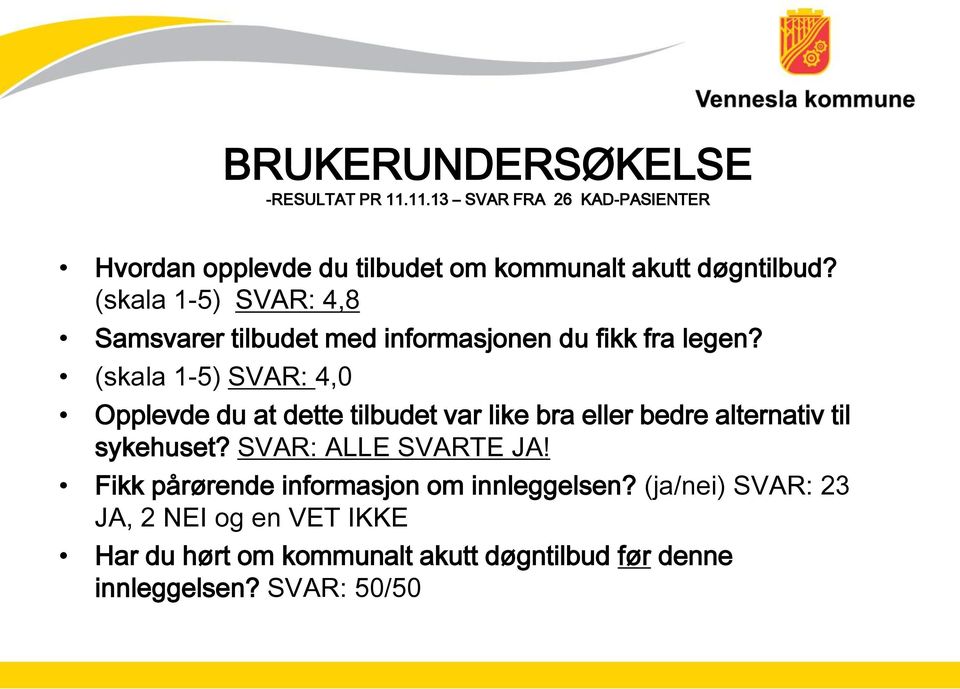 (skala 1-5) SVAR: 4,0 Opplevde du at dette tilbudet var like bra eller bedre alternativ til sykehuset? SVAR: ALLE SVARTE JA!