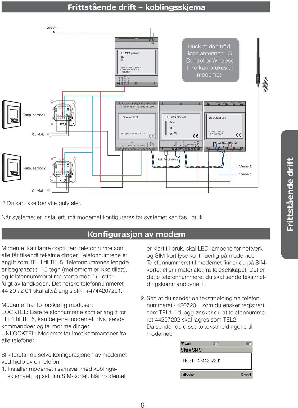 sensor 1 BIT +24VDC 0V SENSOR LS Input 24/3 LS SMS Modem LS Output 230 Gulvføler (*) { 16 = Input, < 1 V @ 30 ma 8 Relay output, µ 10 A 230/400 V~ In 1 2 3 0V 4 5 6 0V 7 0V Data 24V 0V DataIn 0V