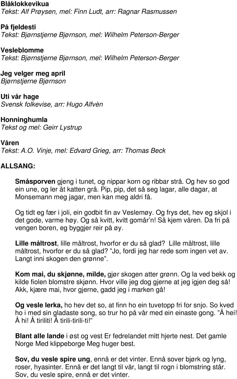 Vinje, mel: Edvard Grieg, arr: Thomas Beck ALLSANG: Småsporven gjeng i tunet, og nippar korn og ribbar strå. Og hev so god ein une, og ler åt katten grå.