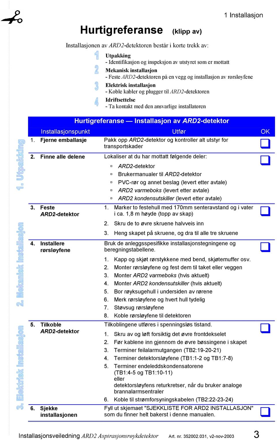 Hurtigreferanse Installasjon av ARD2-detektor Installasjonspunkt Utfør OK 1. Fjerne emballasje Pakk opp ARD2-detektor og kontroller alt utstyr for transportskader 2.