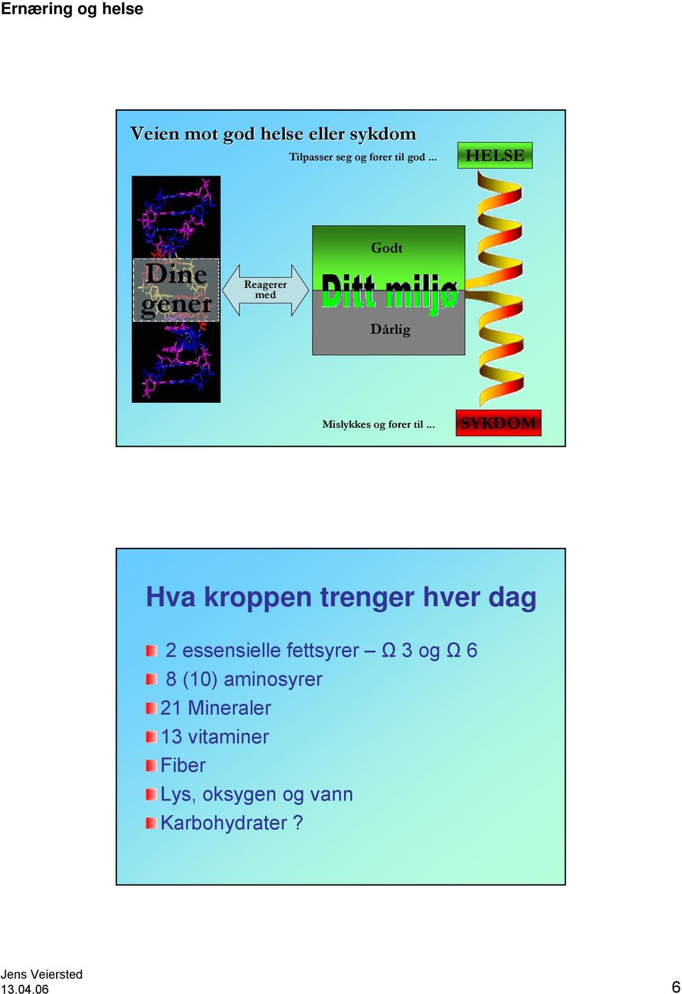 .. SYKDOM Hva kroppen trenger hver dag 2 essensielle fettsyrer Ω 3 og Ω 6 8