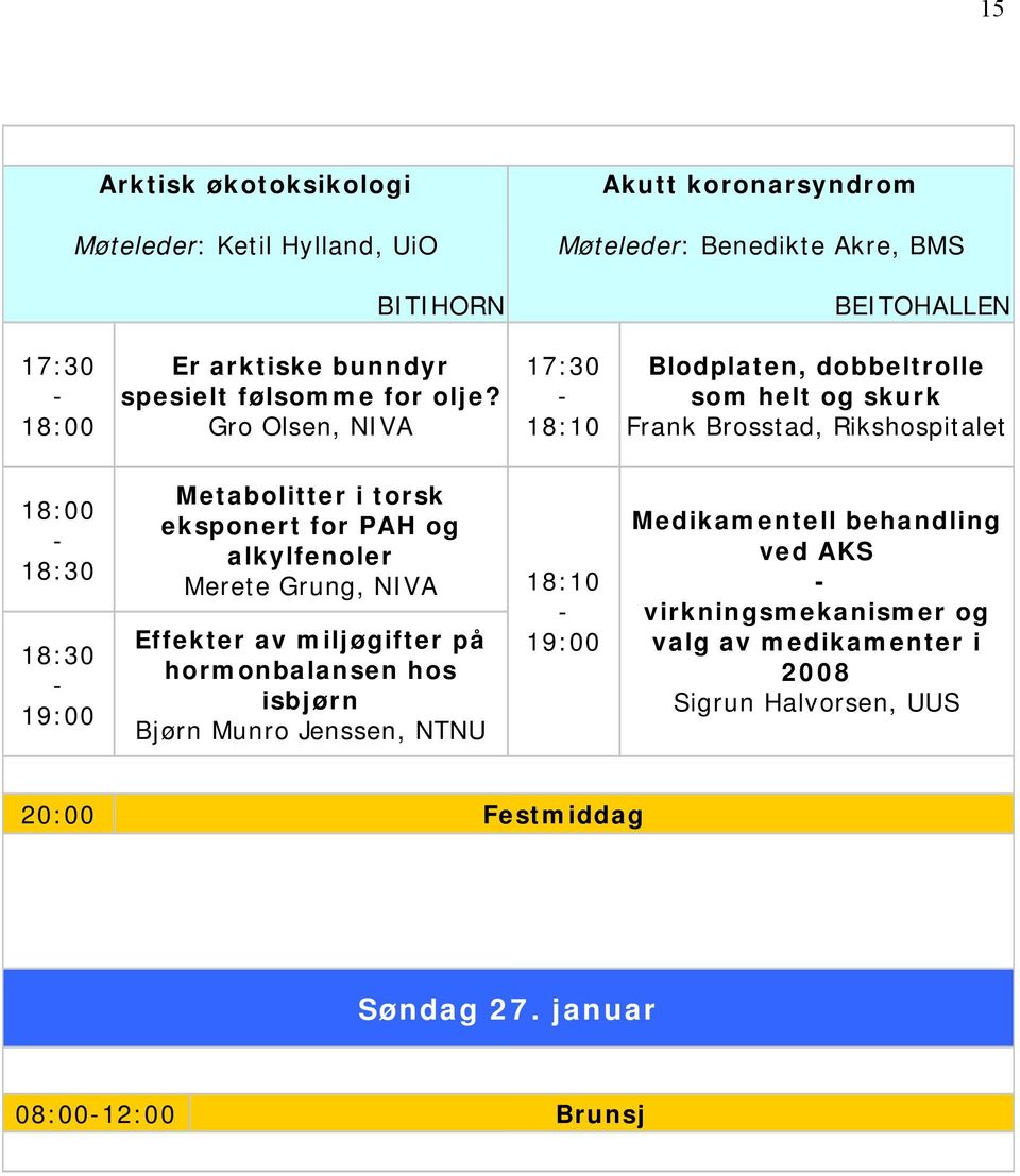 Gro Olsen, NIVA 17:30-18:10 Blodplaten, dobbeltrolle som helt og skurk Frank Brosstad, Rikshospitalet 18:00-18:30 18:30-19:00 Metabolitter i torsk eksponert for