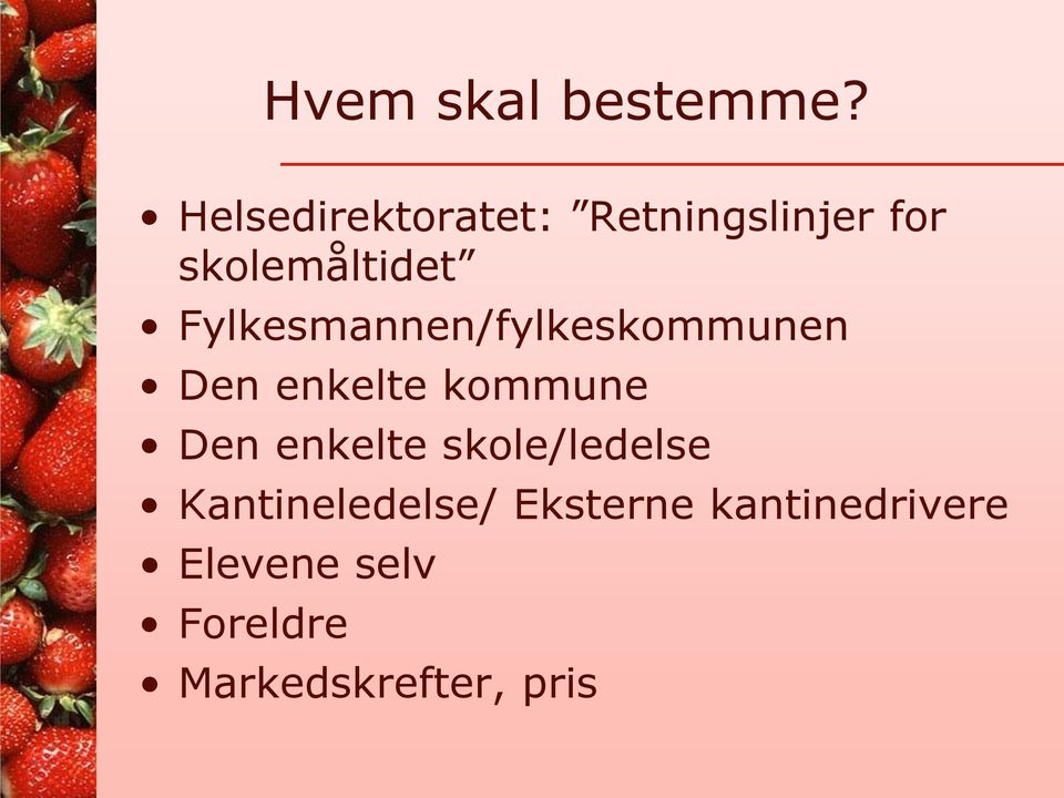 Fylkesmannen/fylkeskommunen Den enkelte kommune Den