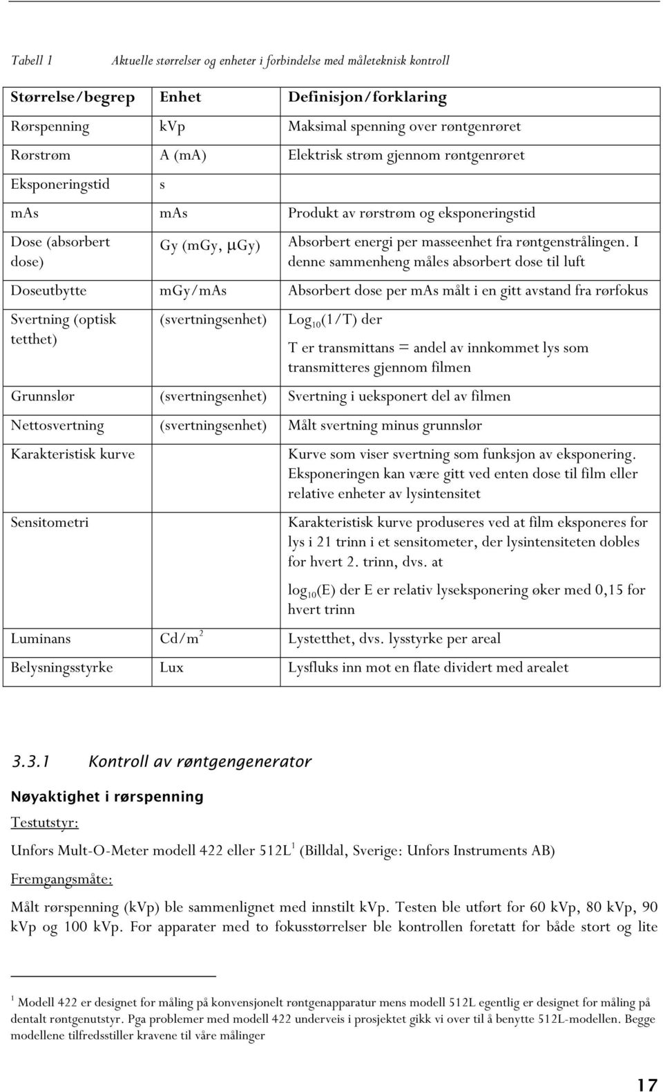 I denne sammenheng måles absorbert dose til luft Doseutbytte mgy/mas Absorbert dose per mas målt i en gitt avstand fra rørfokus Svertning (optisk tetthet) (svertningsenhet) Log 10 (1/T) der T er