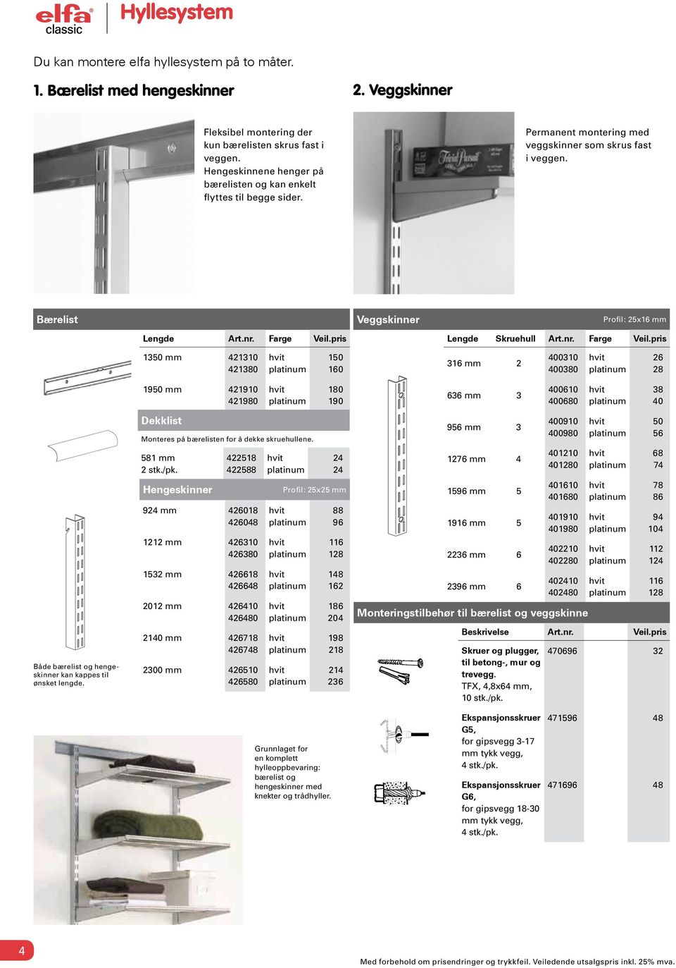 Farge Veil.pris 350 mm 4230 42380 50 60 36 mm 2 40030 400380 26 28 Både bærelist og hengeskinner kan kappes til ønsket lengde.