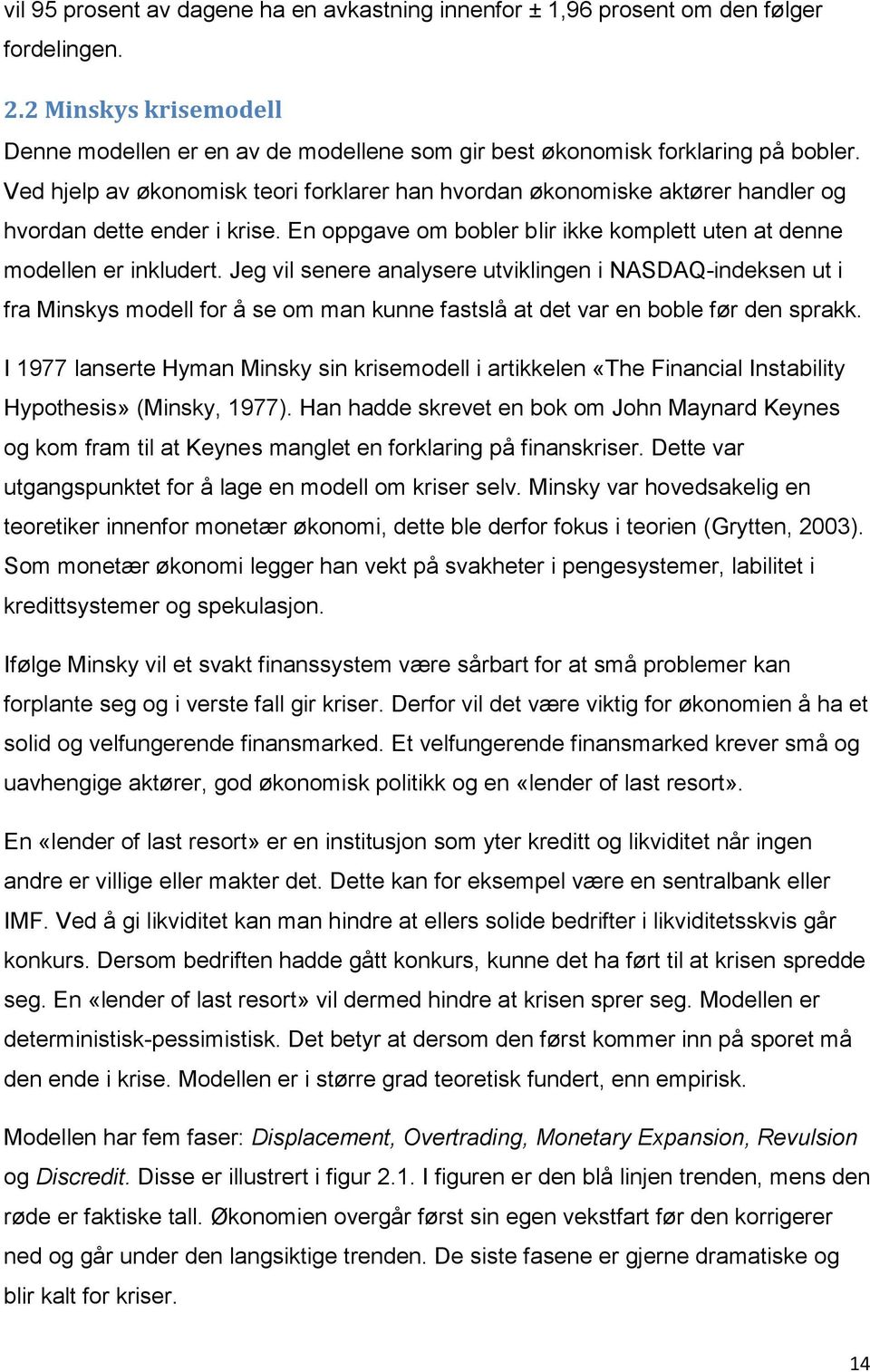 Jeg vil senere analysere utviklingen i NASDAQ-indeksen ut i fra Minskys modell for å se om man kunne fastslå at det var en boble før den sprakk.