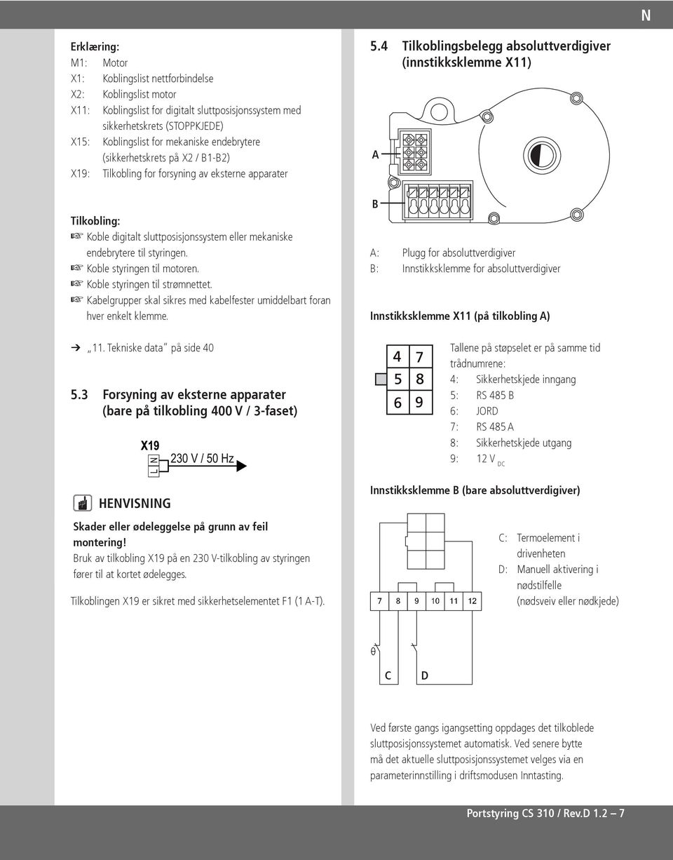 Koble styringen til motoren. Koble styringen til strømnettet. Kabelgrupper skal sikres med kabelfester umiddelbart foran hver enkelt klemme. Ô. Tekniske data på side 0 5.